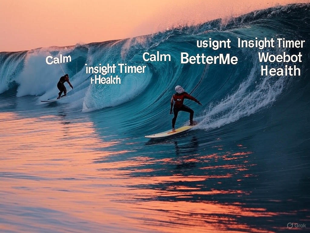 Illustration av en strand med jättevågor som representerar konkurrenter som Headspace, Calm och BetterMe, medan Inner Journey förbereder sig för att surfa sin egen våg