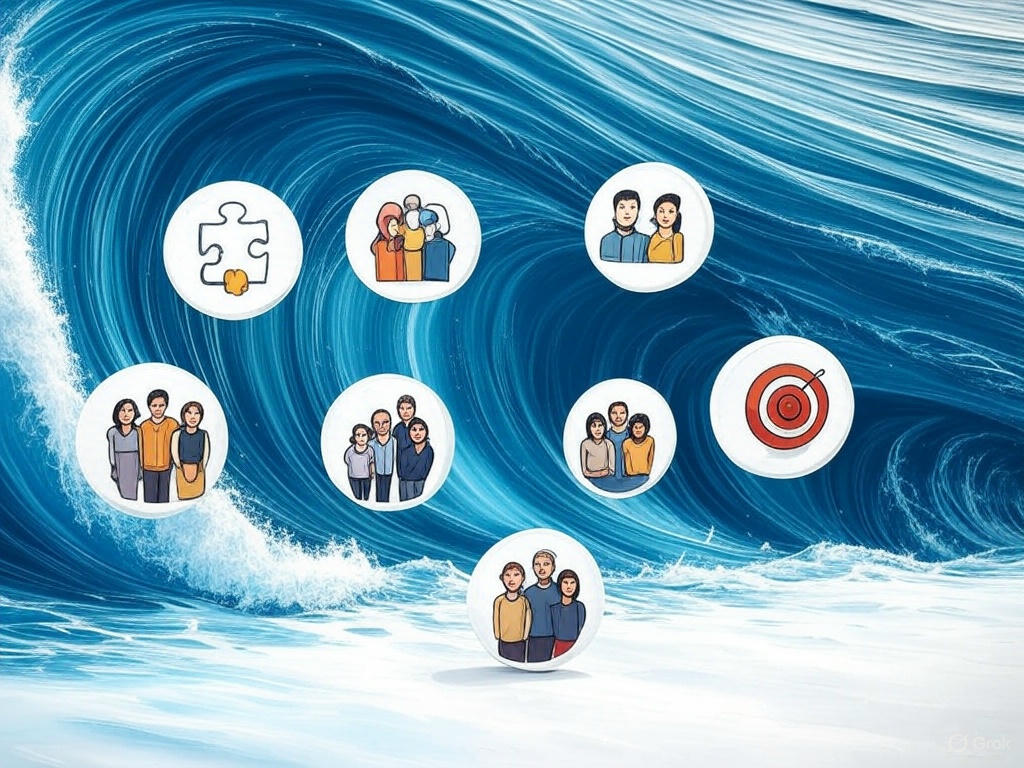 Illustration av Inner Journeys unika tillvägagångssätt, med ikoner för AI, coaching, gemenskap och resultat, mot en våg i havet