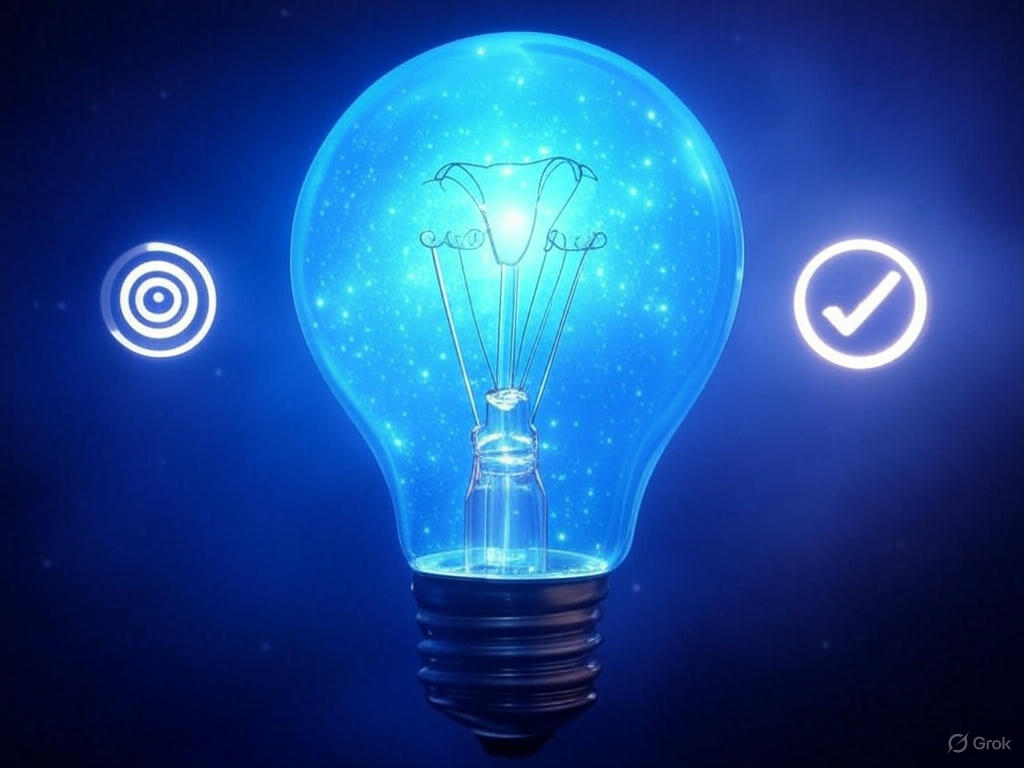 Illustration of a lightbulb with icons representing focus, testing, and simplicity, symbolizing the lessons learned