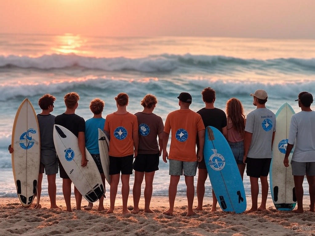 Illustration av ett team som står på en strand och tittar ut över ett vidsträckt hav med vågor som representerar möjligheter och konkurrens