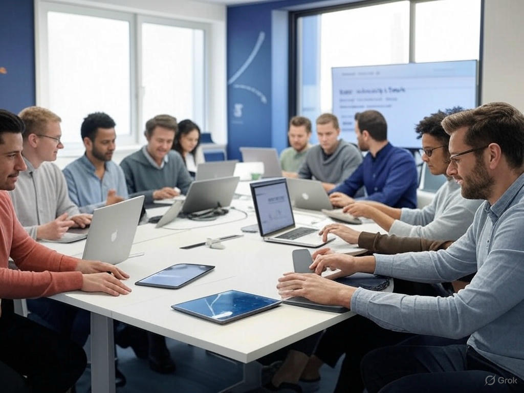 Illustration of a team working on Inner Journey's prototype, with code and tech stack elements in the background